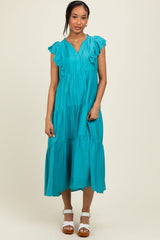 Aqua Ruffle Sleeve Tiered Maternity Midi Dress