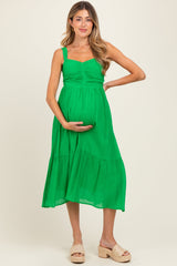 Green Cinched Bust Cutout Maternity Midi Dress