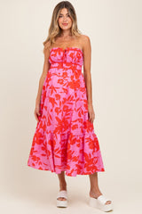 Pink Floral Strapless Front Tie Maternity Midi Dress