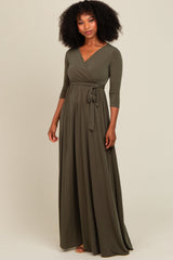 PinkBlush Olive Green Draped 3/4 Sleeve Maternity Maxi Dress