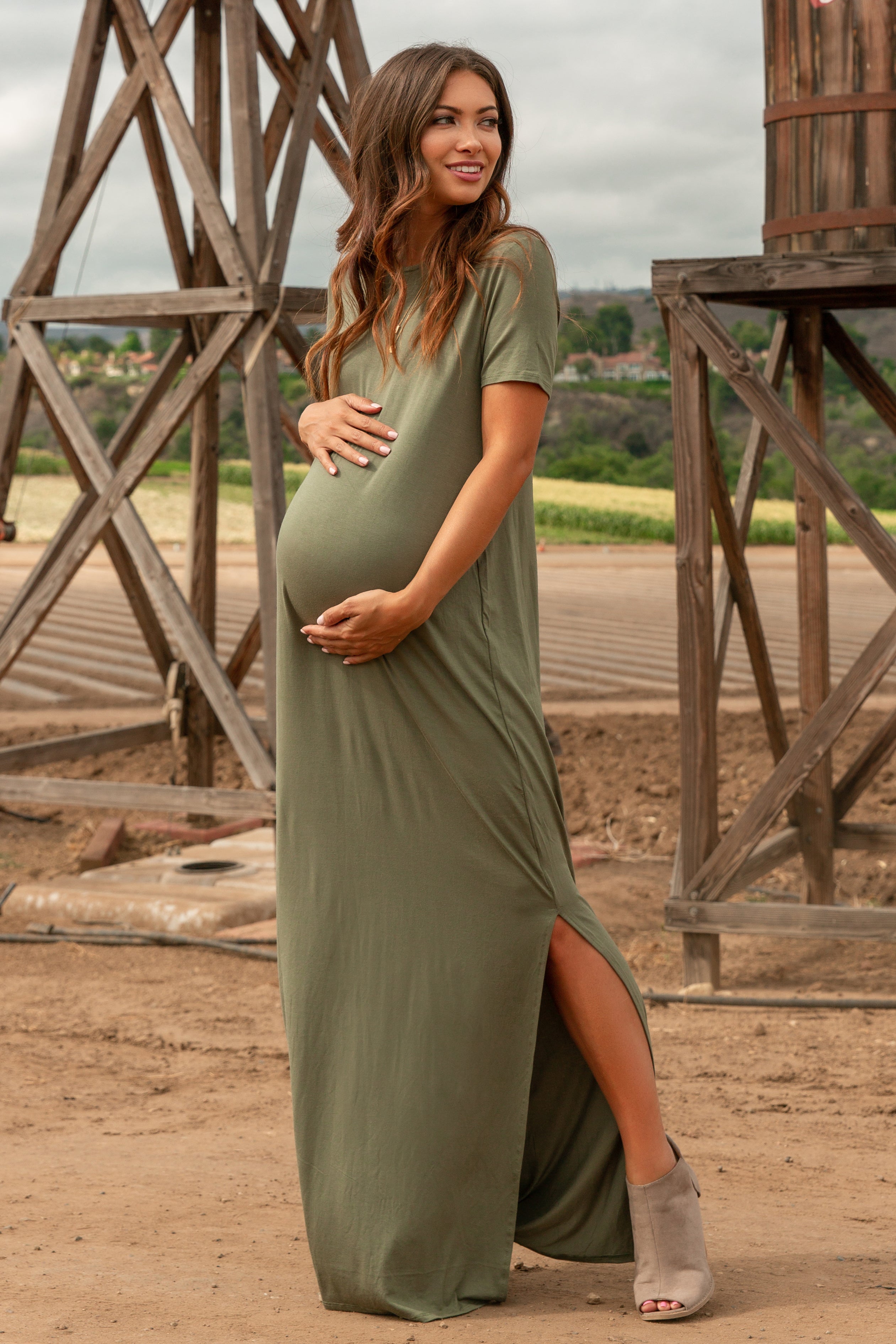 PinkBlush Olive Basic Side Slit Maternity Maxi Dress