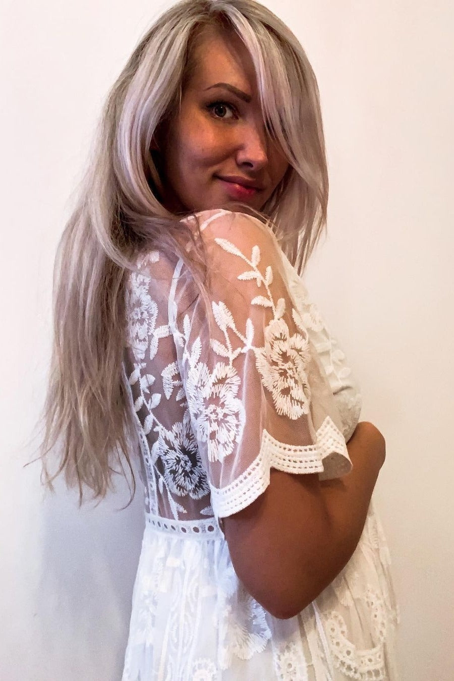 PinkBlush White Lace Mesh Overlay Maternity Maxi Dress