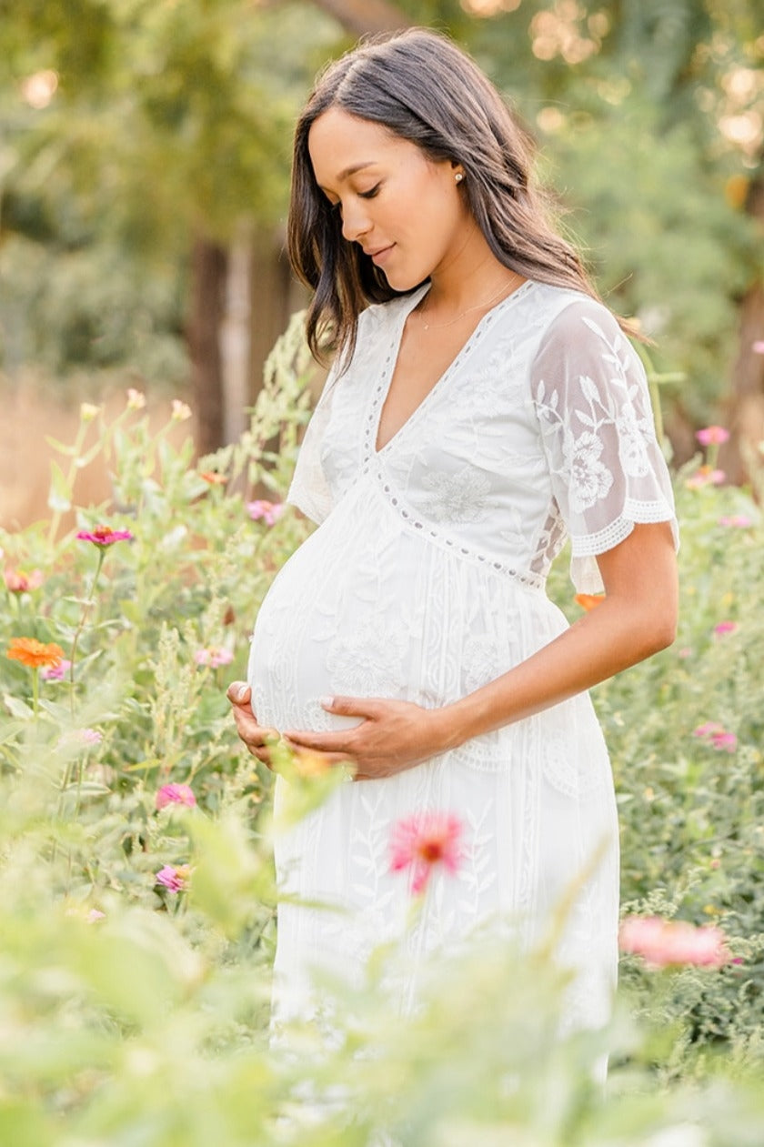 PinkBlush White Lace Mesh Overlay Maternity Maxi Dress