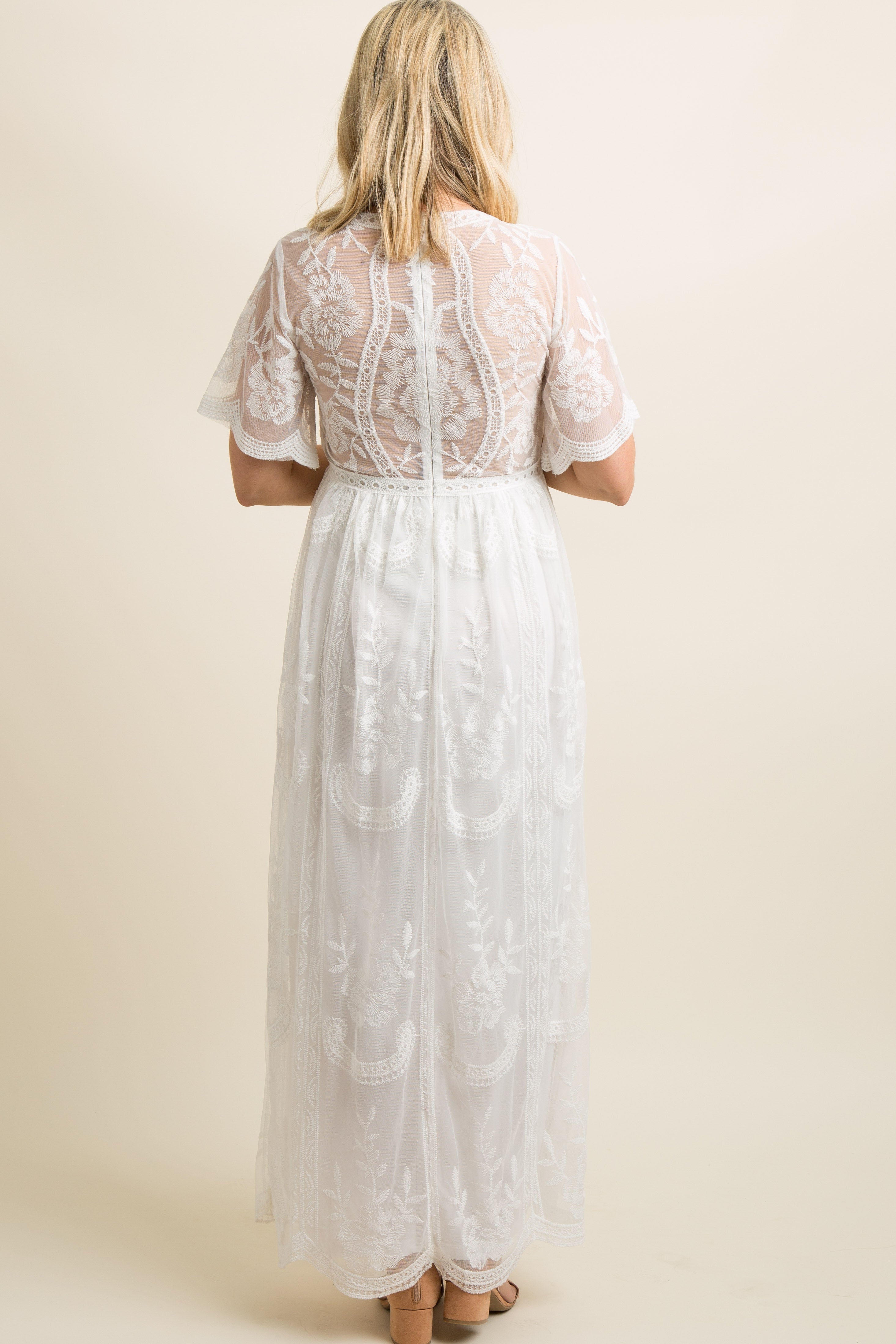 PinkBlush White Lace Mesh Overlay Maternity Maxi Dress
