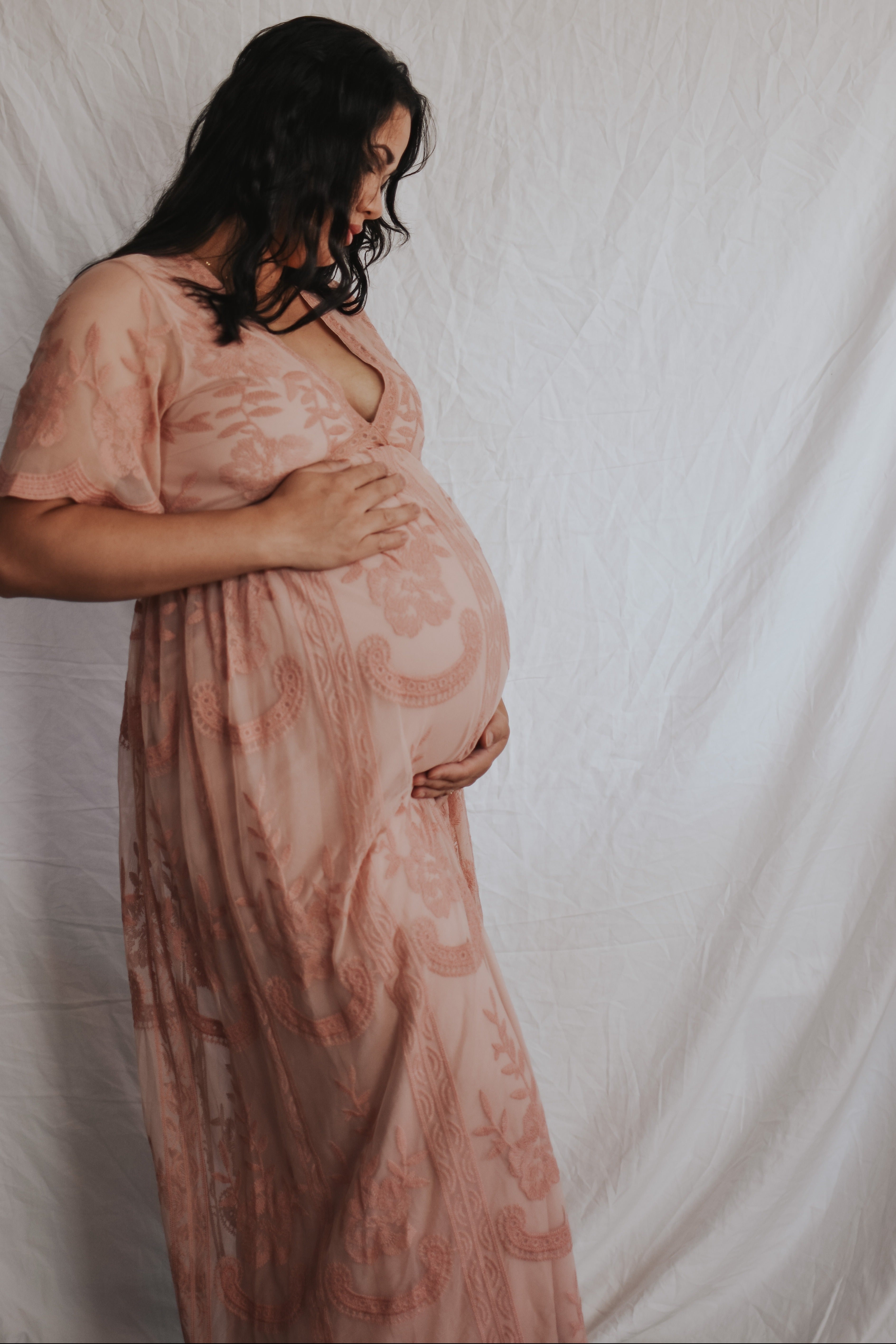 Light Pink Lace Mesh Overlay Maternity Maxi Dress