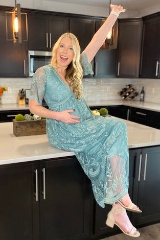 Sage Lace Mesh Overlay Maternity Maxi Dress