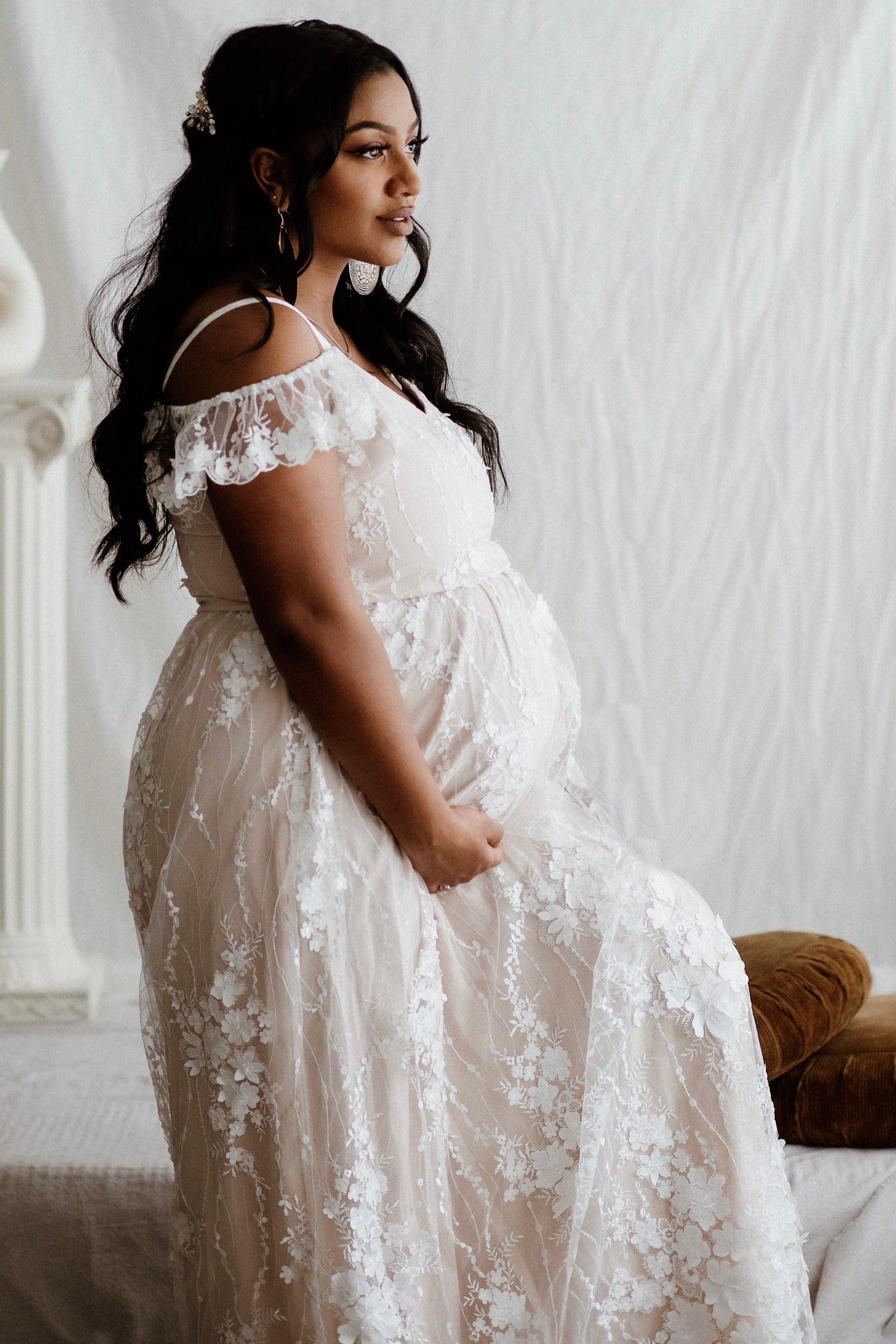 Ivory Floral Embroidered Mesh Maternity Evening Gown