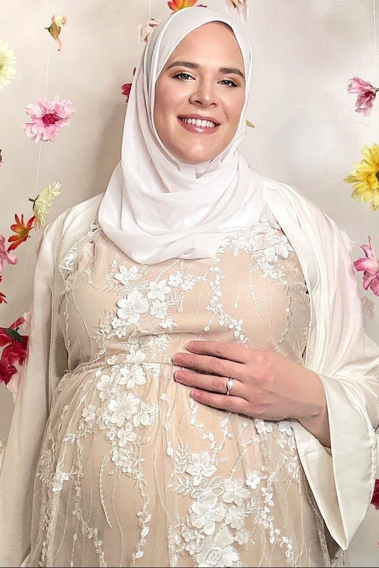 Ivory Floral Embroidered Mesh Maternity Evening Gown