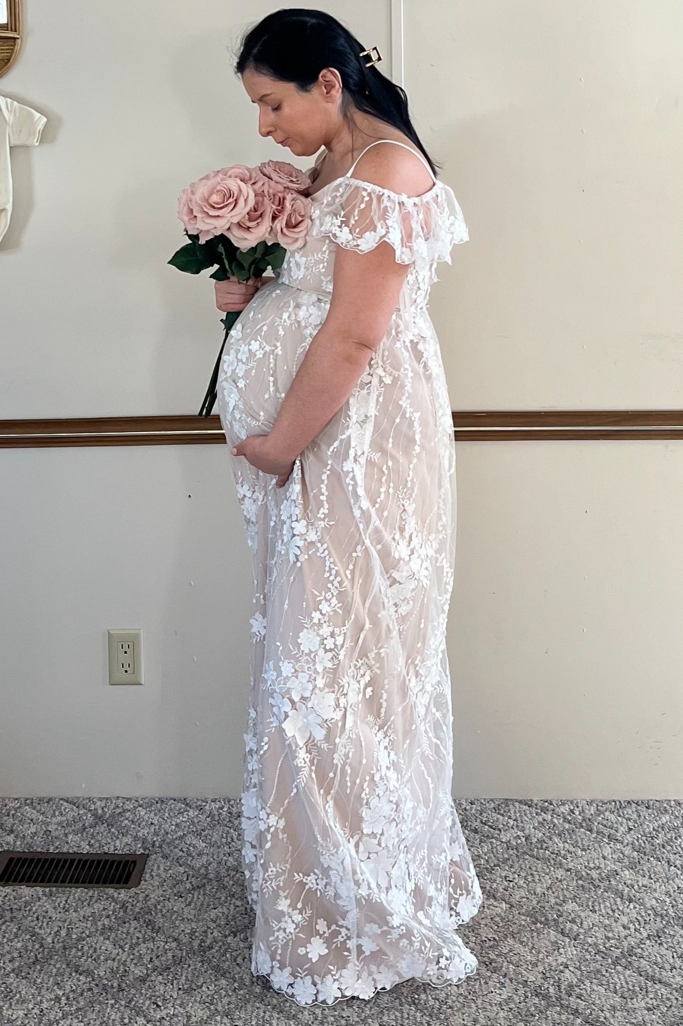 Ivory Floral Embroidered Mesh Maternity Evening Gown