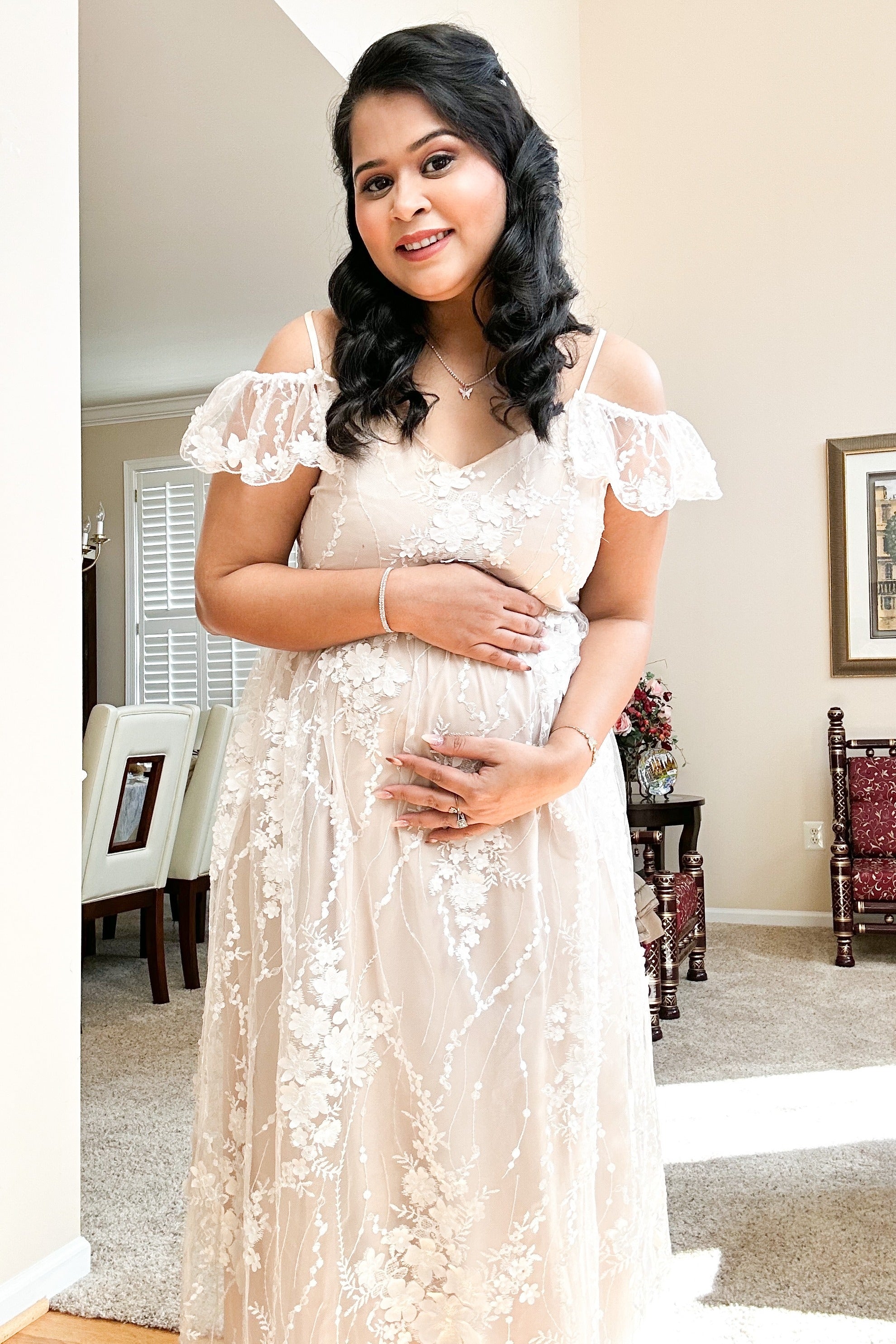 Ivory Floral Embroidered Mesh Maternity Evening Gown
