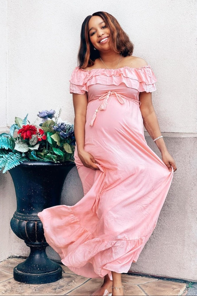 Pink Off Shoulder Tassel Tie Maternity Maxi Dress