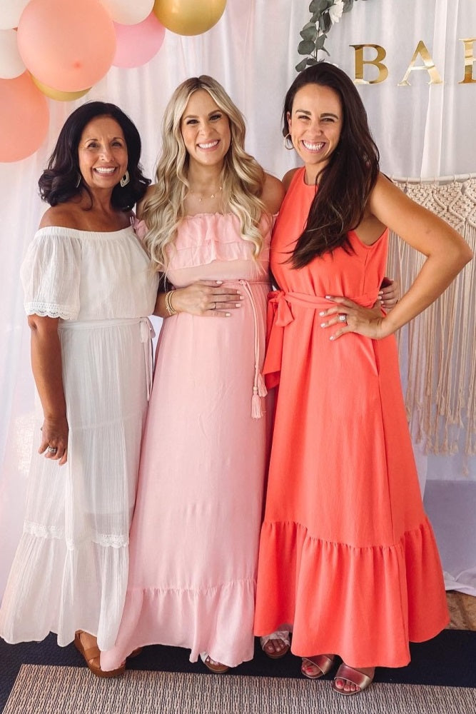 Pink Off Shoulder Tassel Tie Maternity Maxi Dress