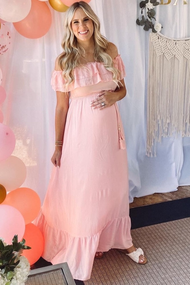 Pink Off Shoulder Tassel Tie Maternity Maxi Dress