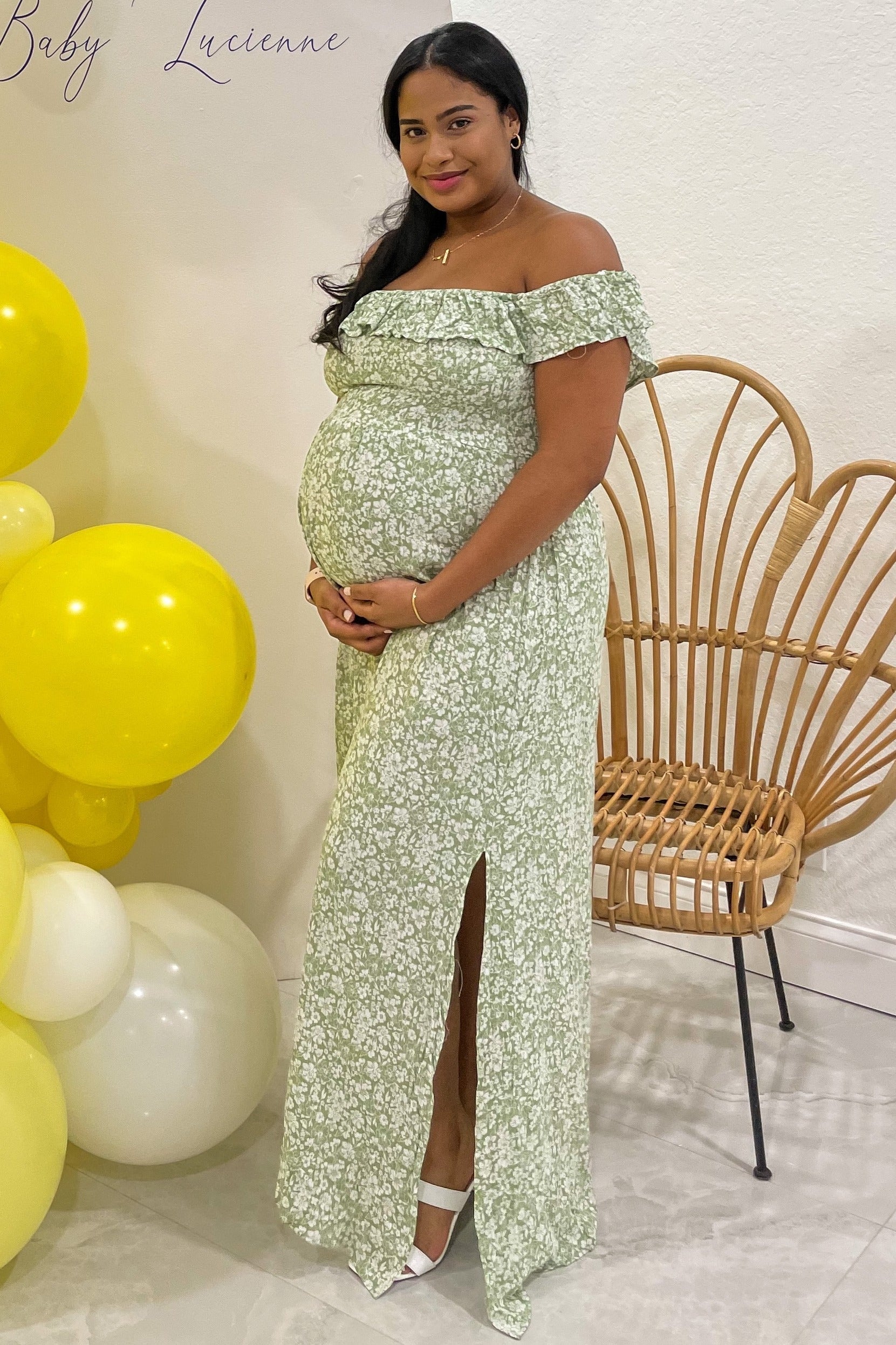 Green Floral Ruffle Off Shoulder Maternity Maxi Dress