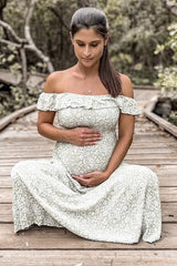 Green Floral Ruffle Off Shoulder Maternity Maxi Dress