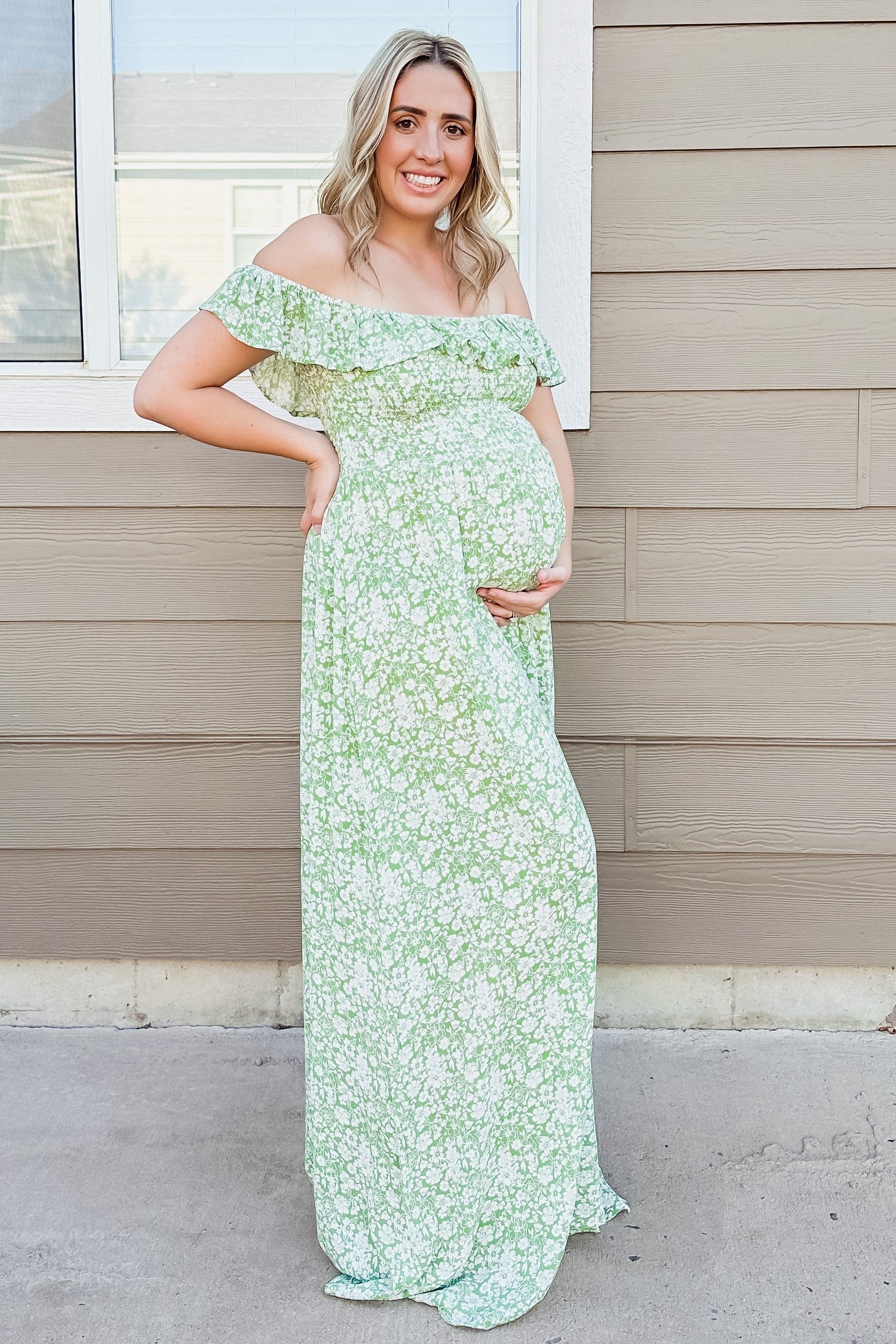 Green Floral Ruffle Off Shoulder Maternity Maxi Dress