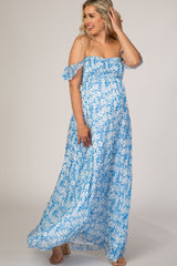 Blue Floral Flutter Sleeve Maternity Maxi Dress