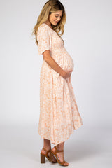 Peach Floral Button Front Smocked Maternity Midi Dress