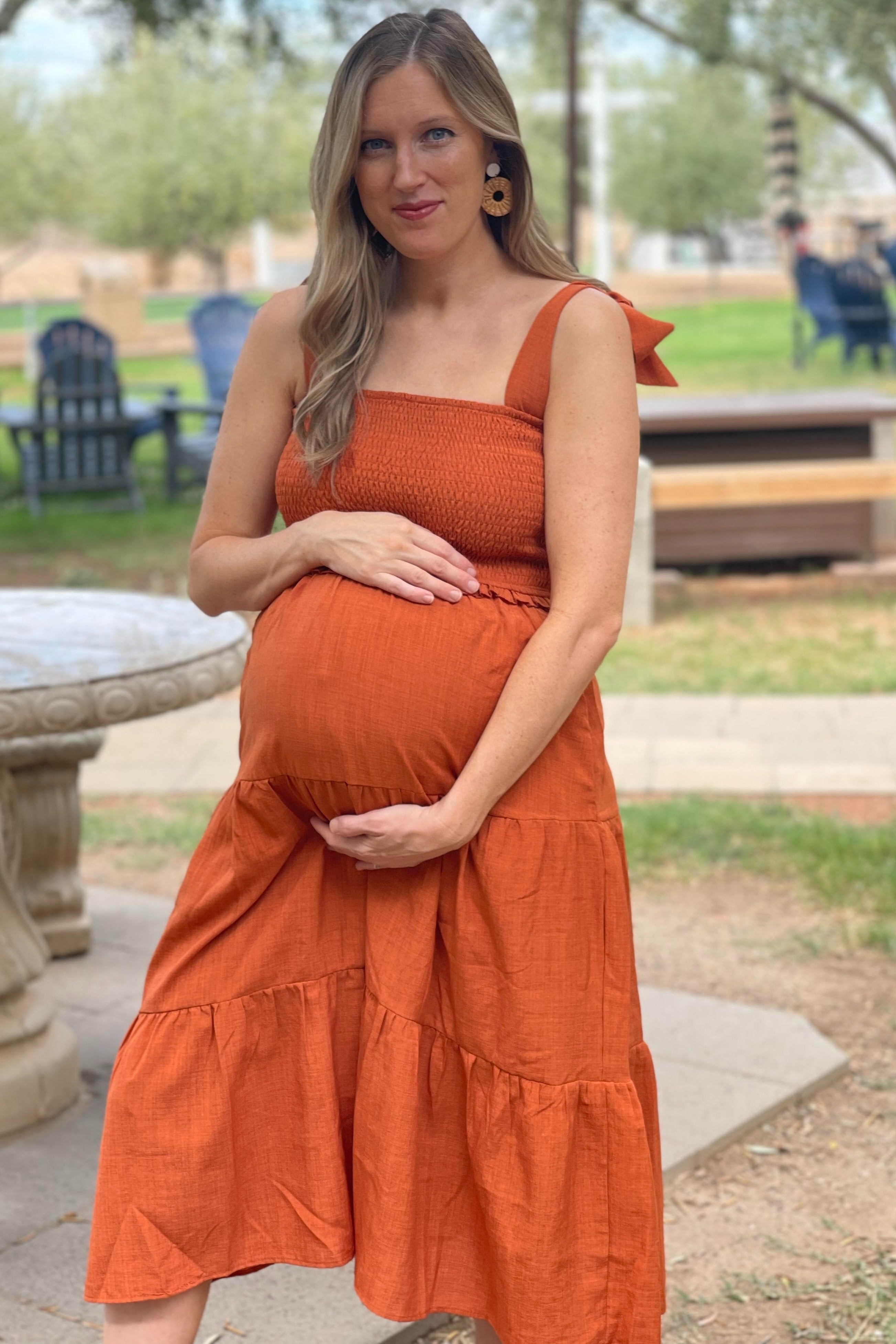 Rust Bow Strap Tiered Maternity Midi Dress