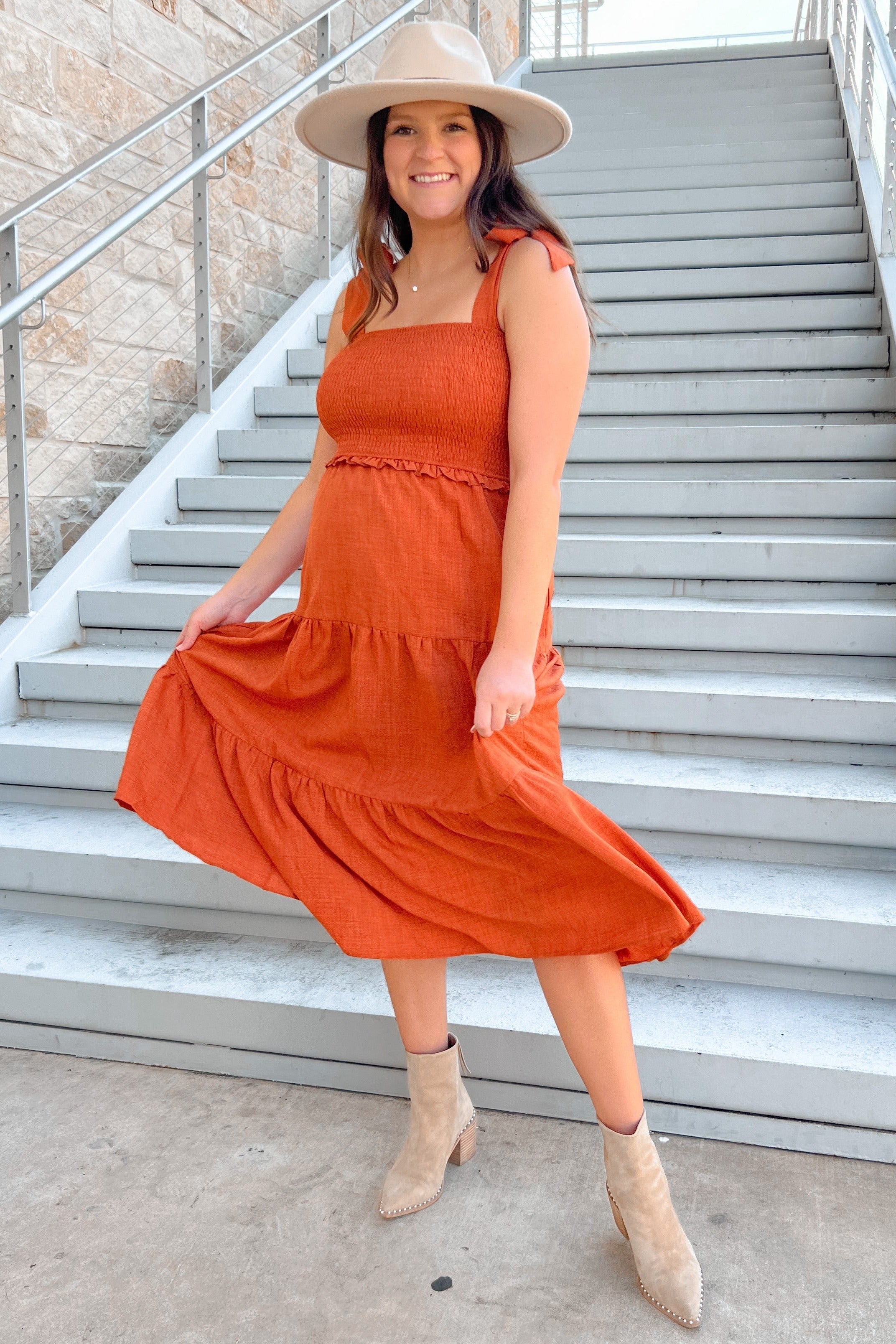 Rust Bow Strap Tiered Maternity Midi Dress