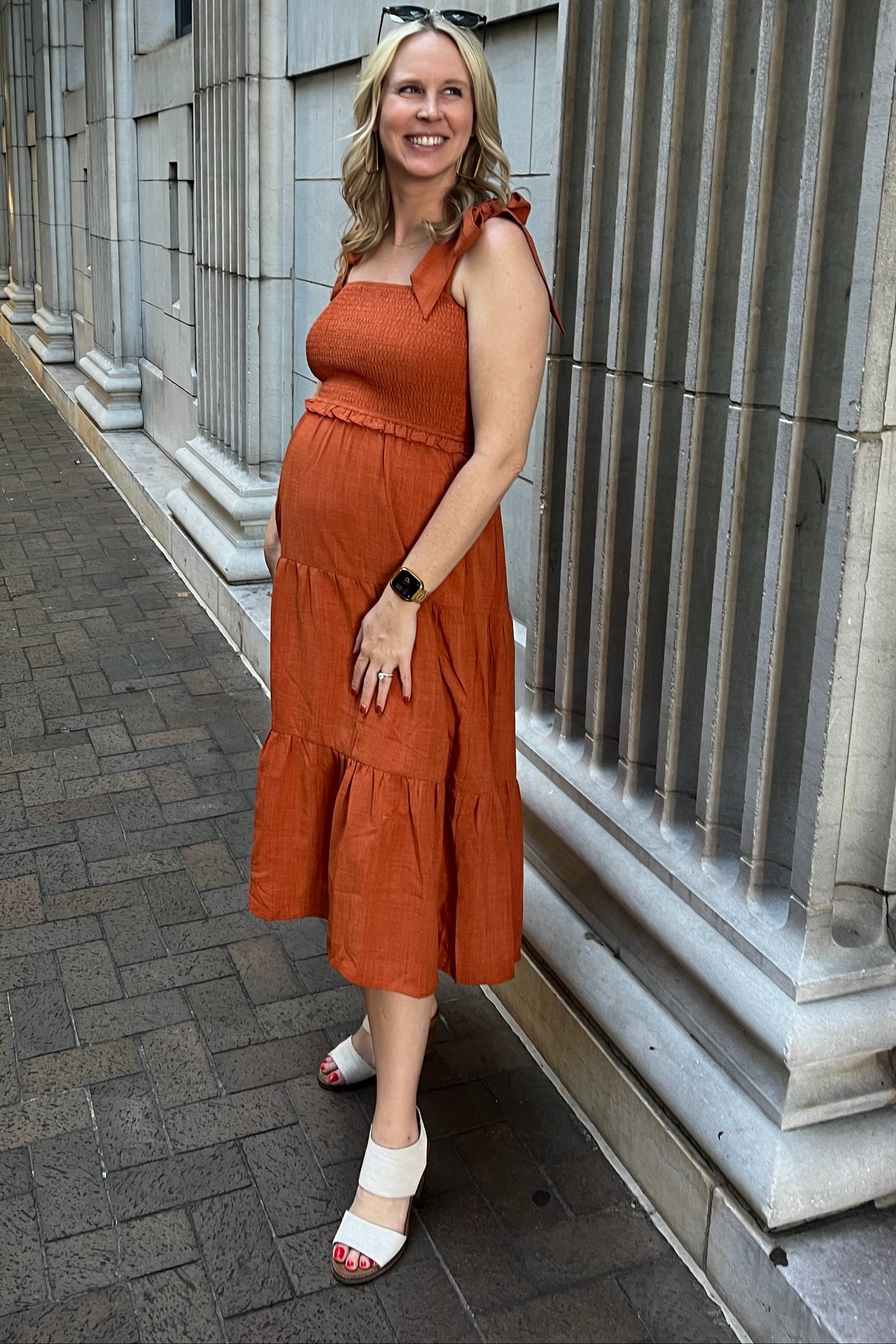 Rust Bow Strap Tiered Maternity Midi Dress