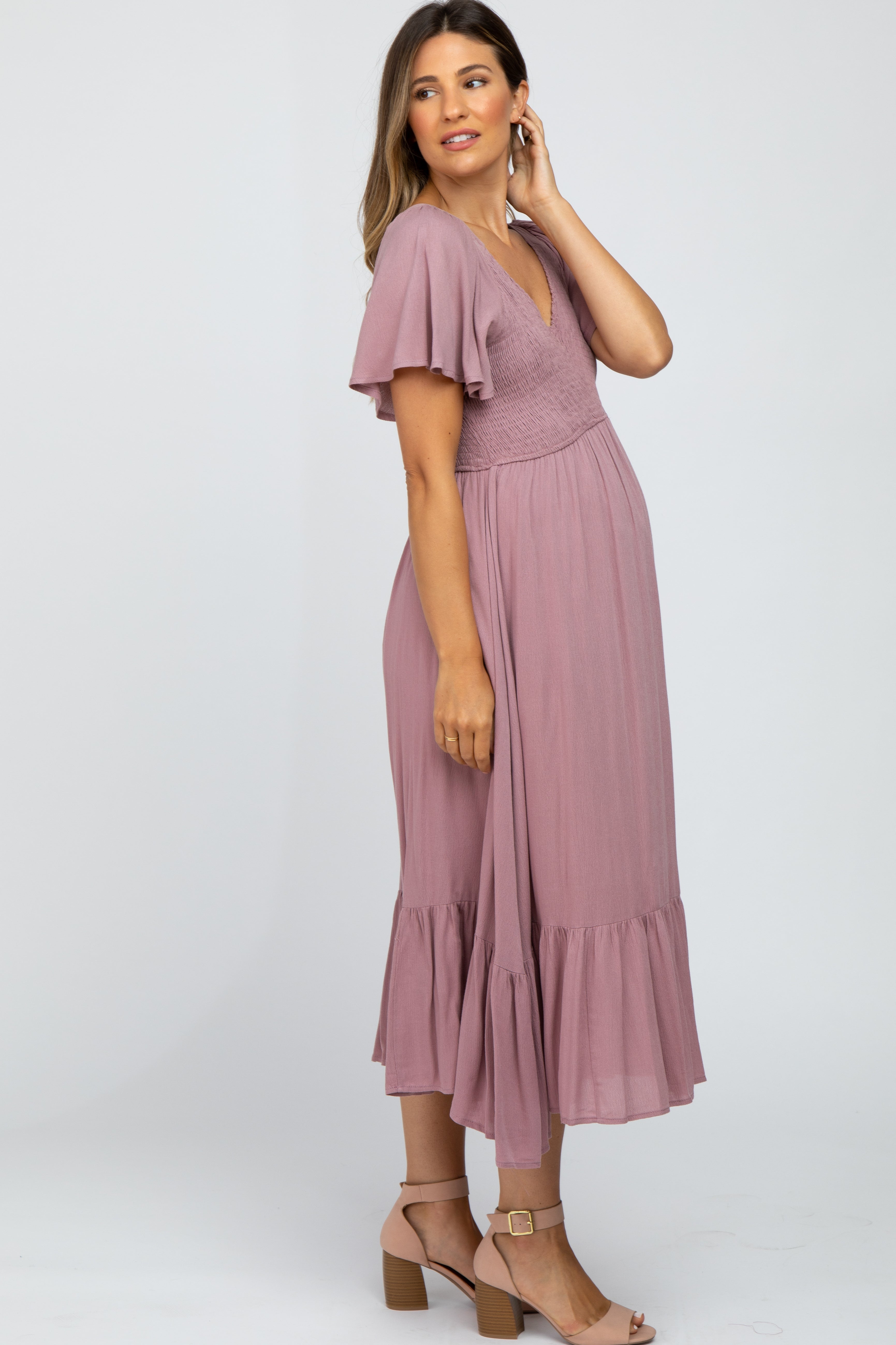 Mauve Smocked V-Neck Maternity Midi Dress