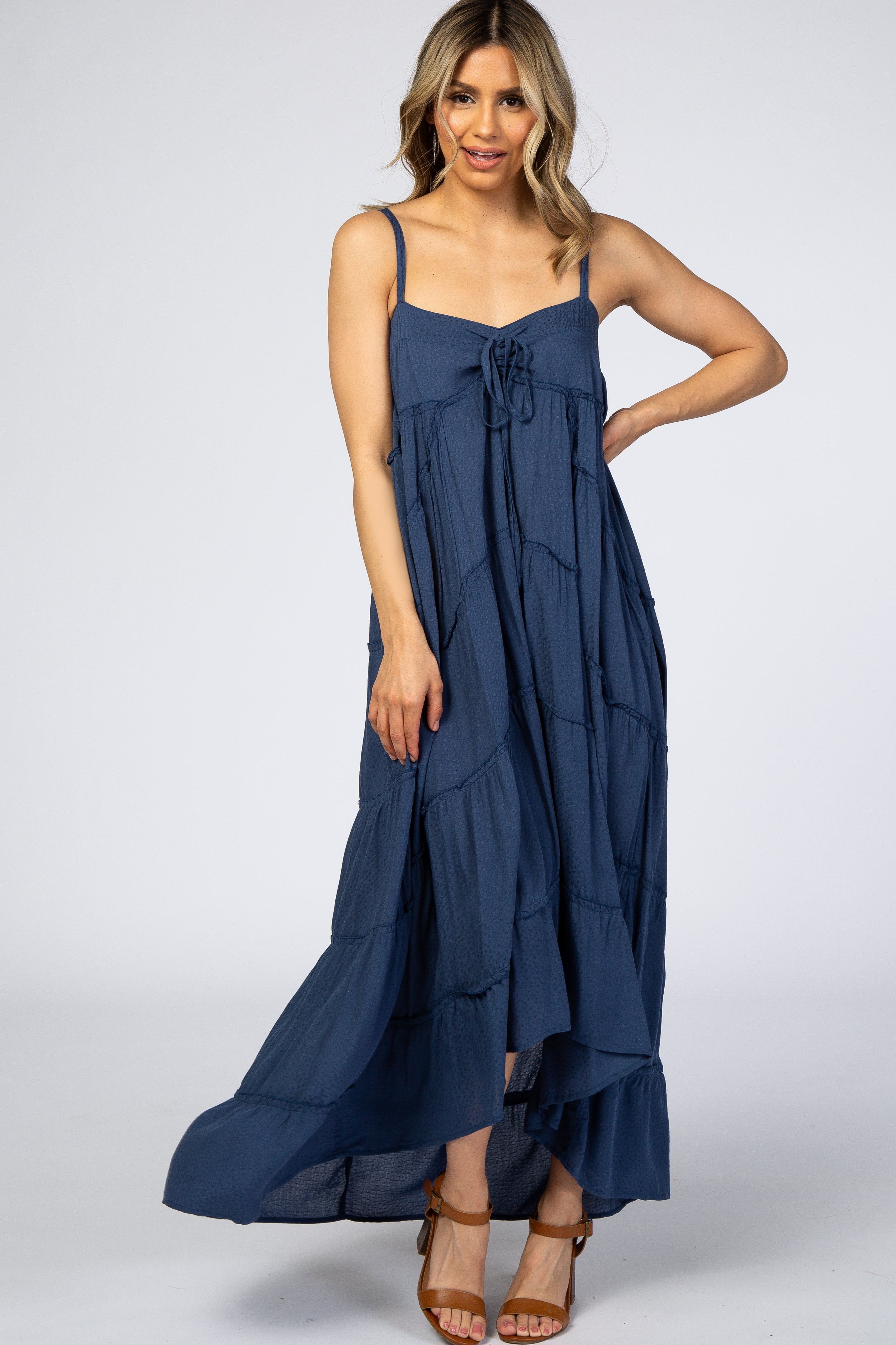Navy Blue Ruffle Tier Hi-Low Maternity Dress