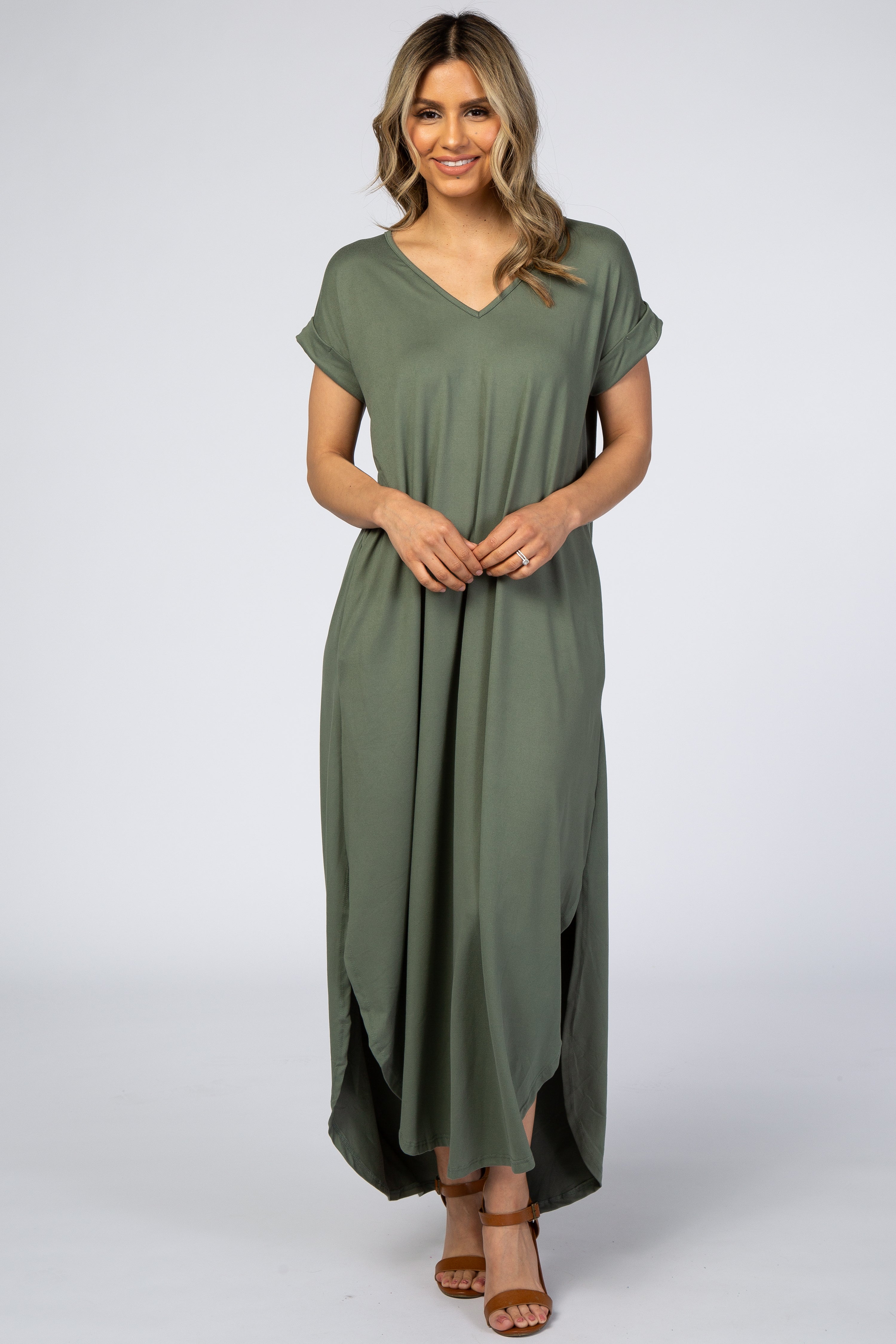 Olive Side Slit Maternity Maxi Dress