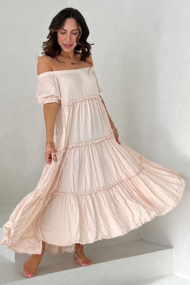 Cream Off Shoulder Ruffle Tiered Maternity Maxi Dress
