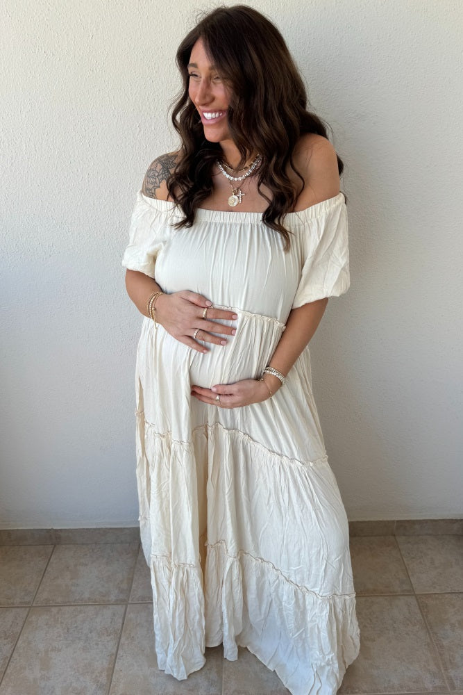 Cream Off Shoulder Ruffle Tiered Maternity Maxi Dress