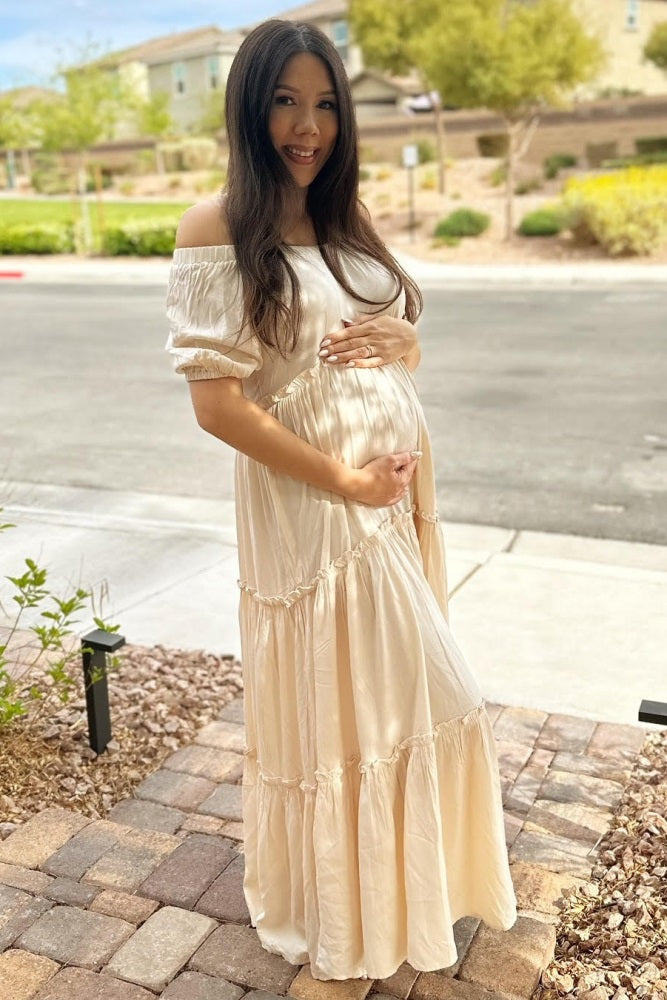 Cream Off Shoulder Ruffle Tiered Maternity Maxi Dress
