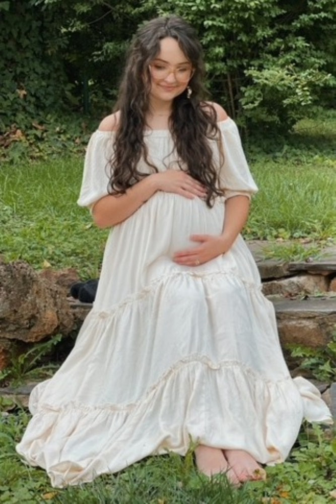 Cream Off Shoulder Ruffle Tiered Maternity Maxi Dress