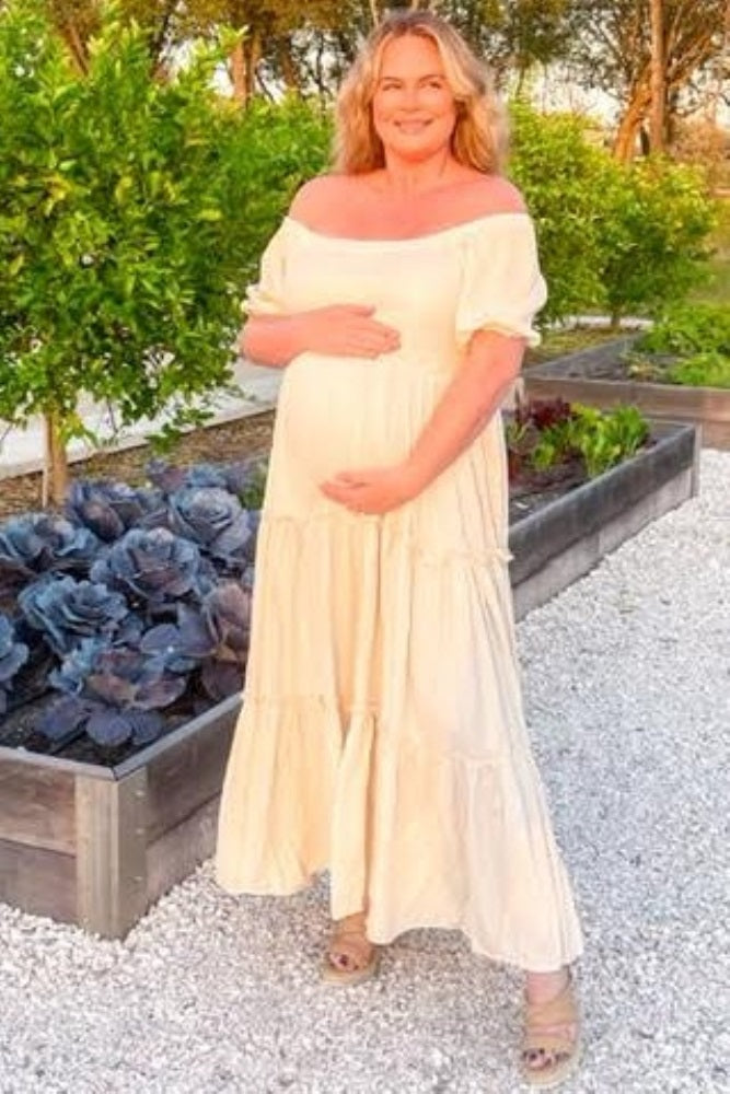Cream Off Shoulder Ruffle Tiered Maternity Maxi Dress