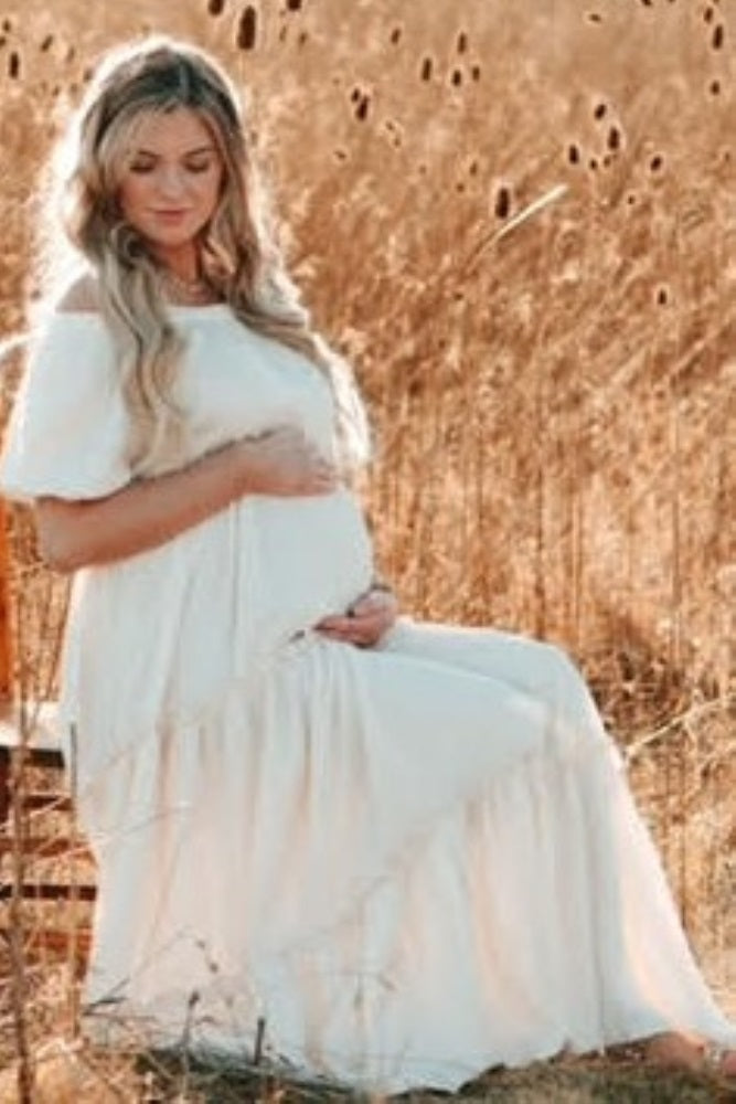 Cream Off Shoulder Ruffle Tiered Maternity Maxi Dress