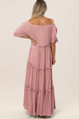 Mauve Off Shoulder Ruffle Tiered Maternity Maxi Dress