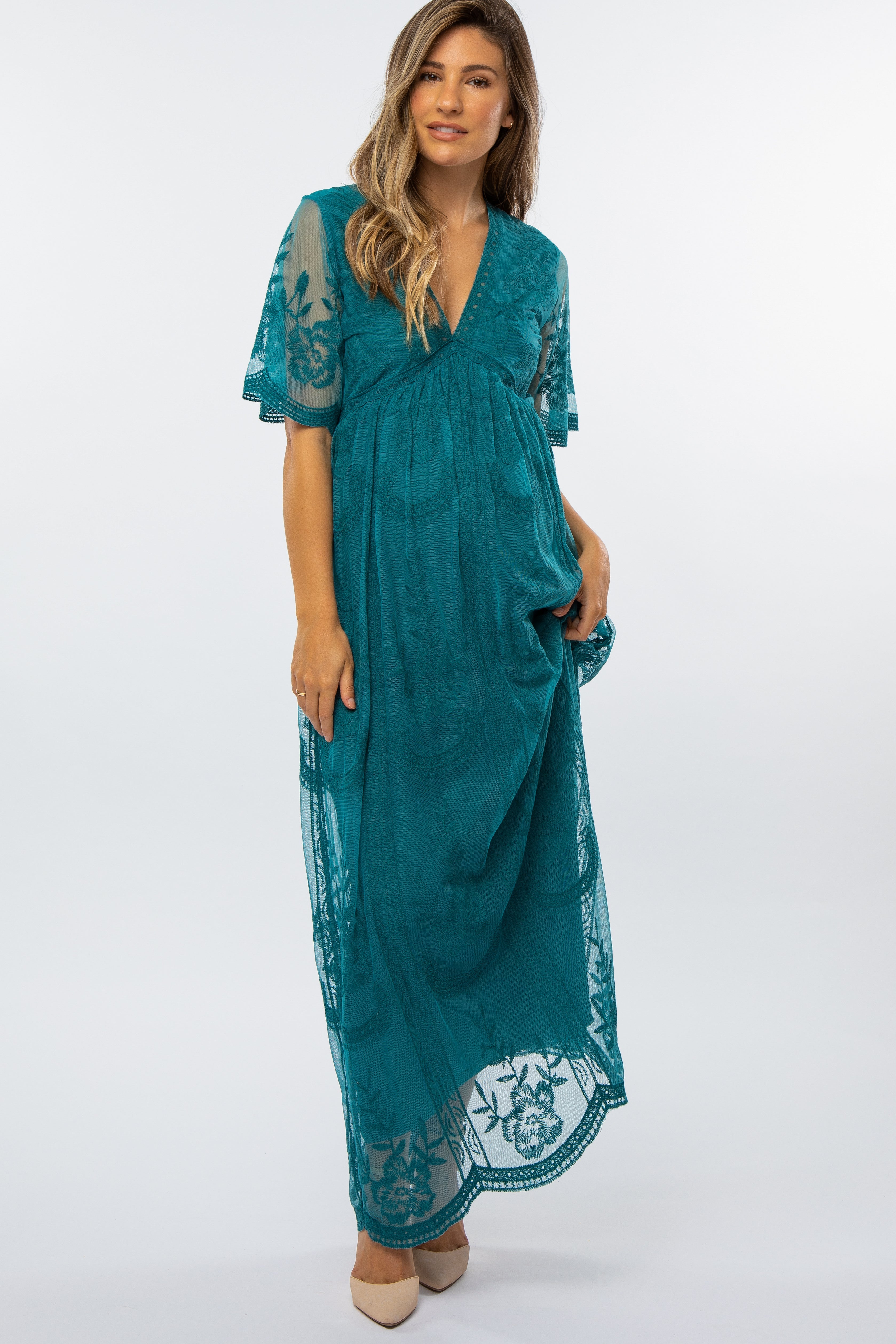 Teal Lace Mesh Overlay Maternity Maxi Dress