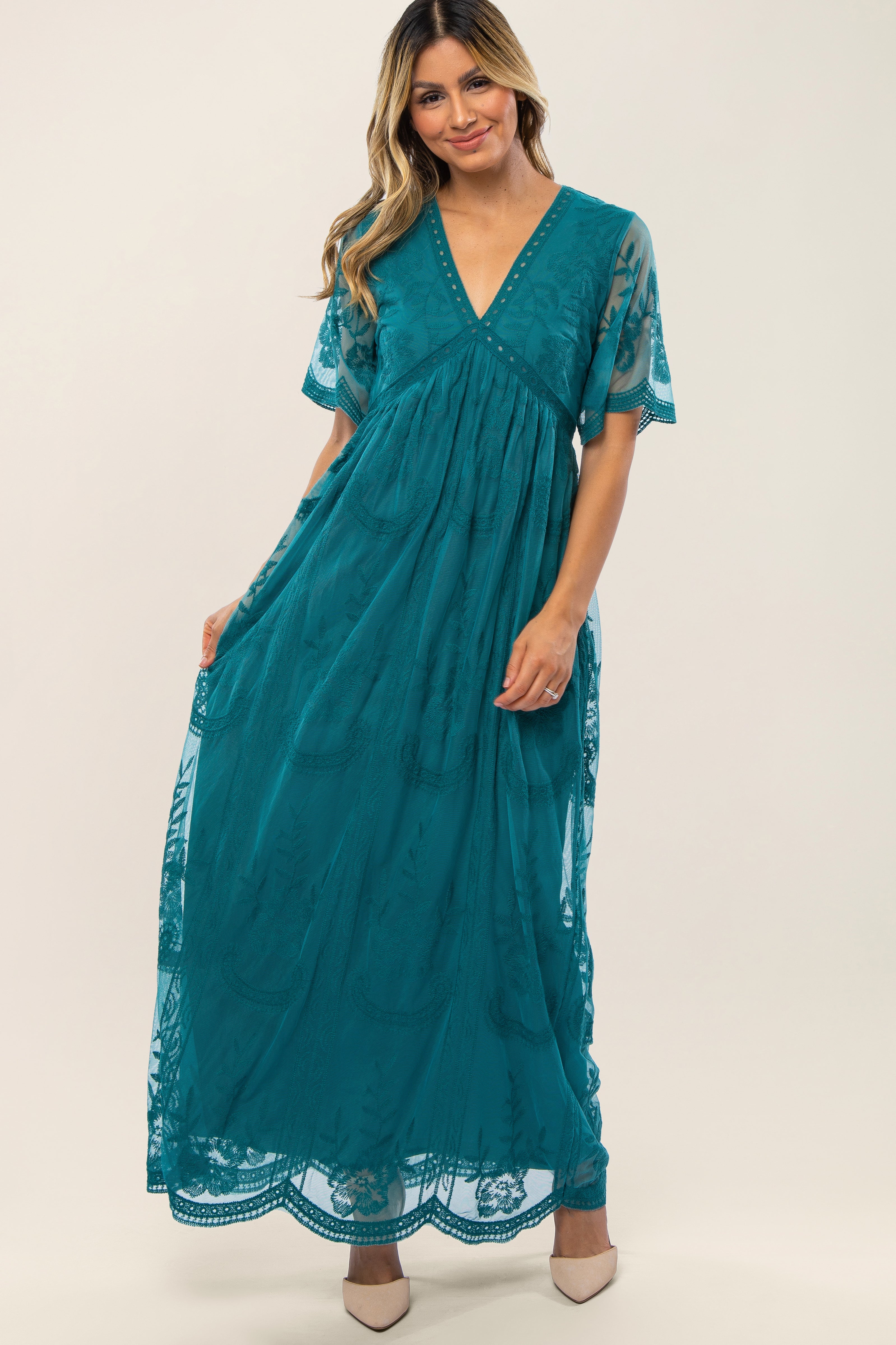 Teal Lace Mesh Overlay Maternity Maxi Dress
