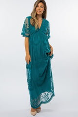 Teal Lace Mesh Overlay Maternity Maxi Dress