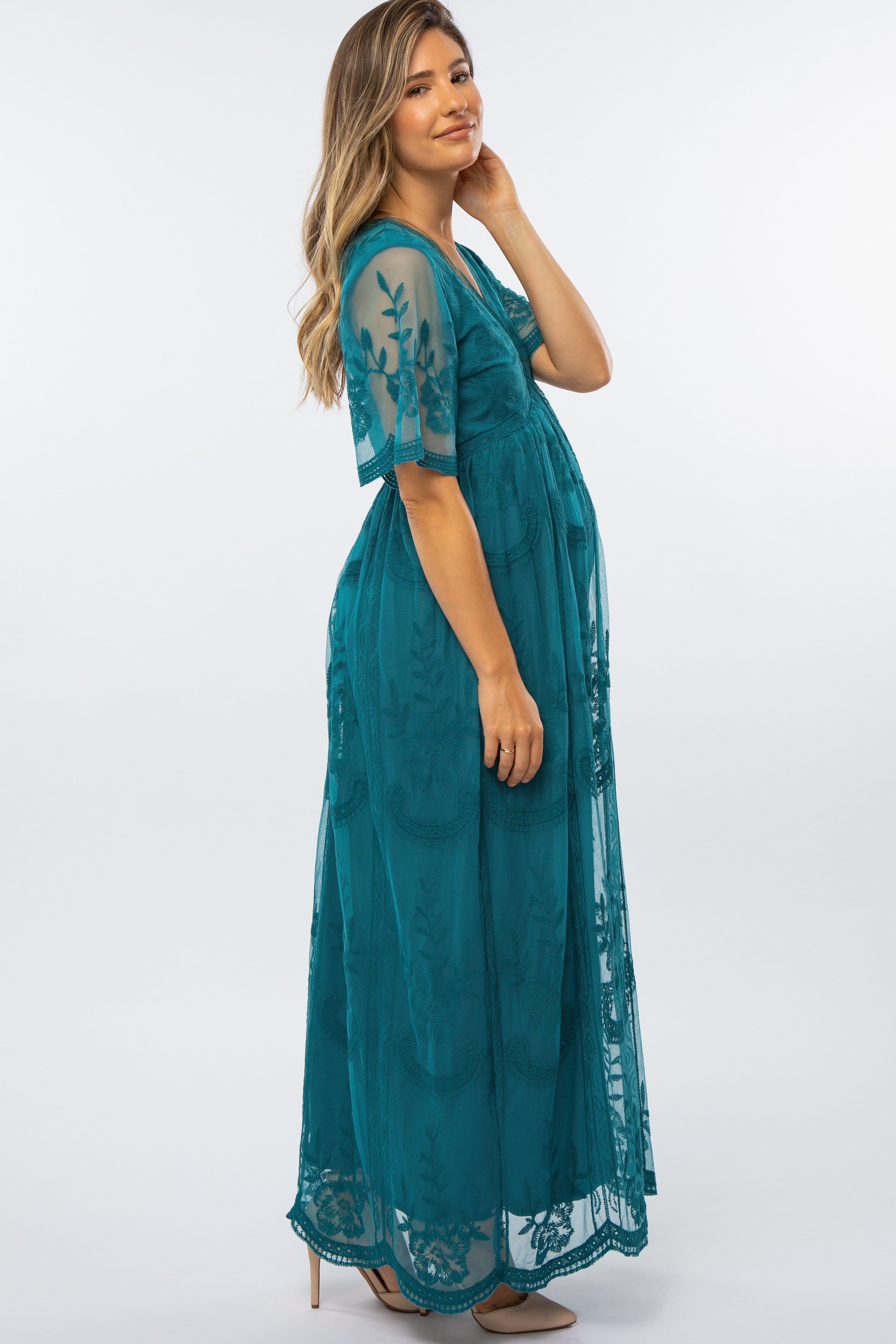 Teal Lace Mesh Overlay Maternity Maxi Dress