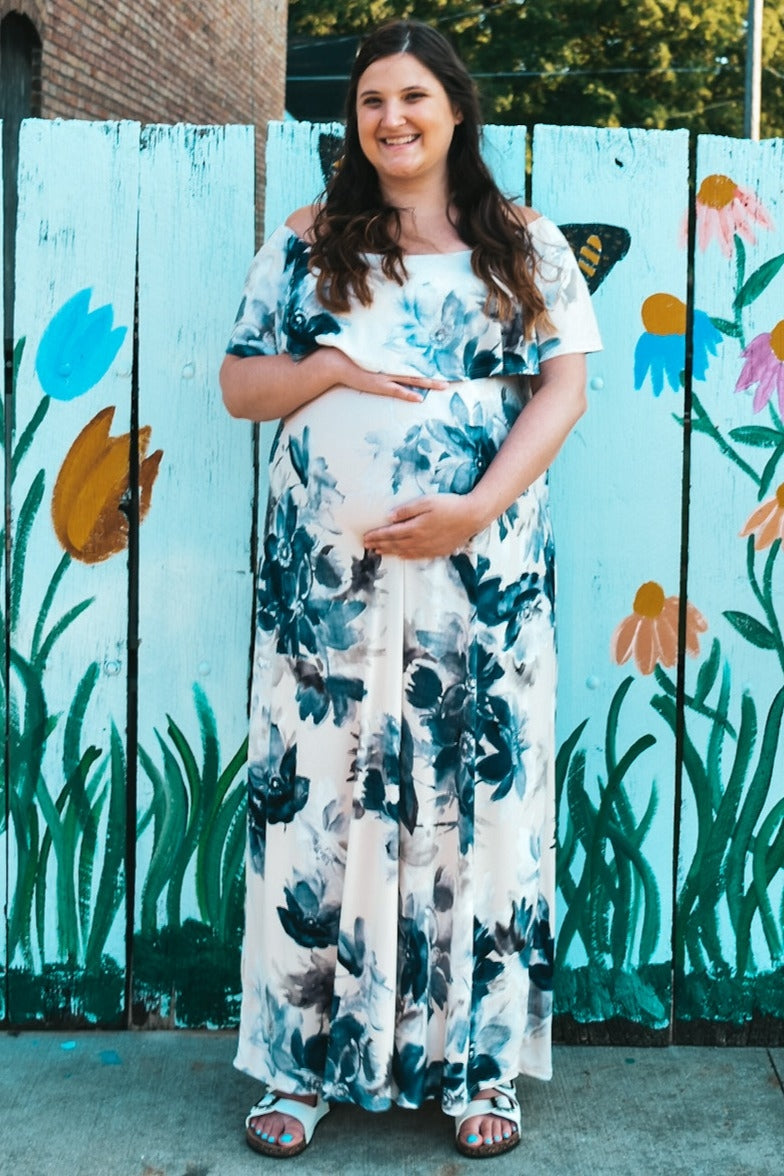 Taupe Navy Floral Off Shoulder Maternity Maxi Dress