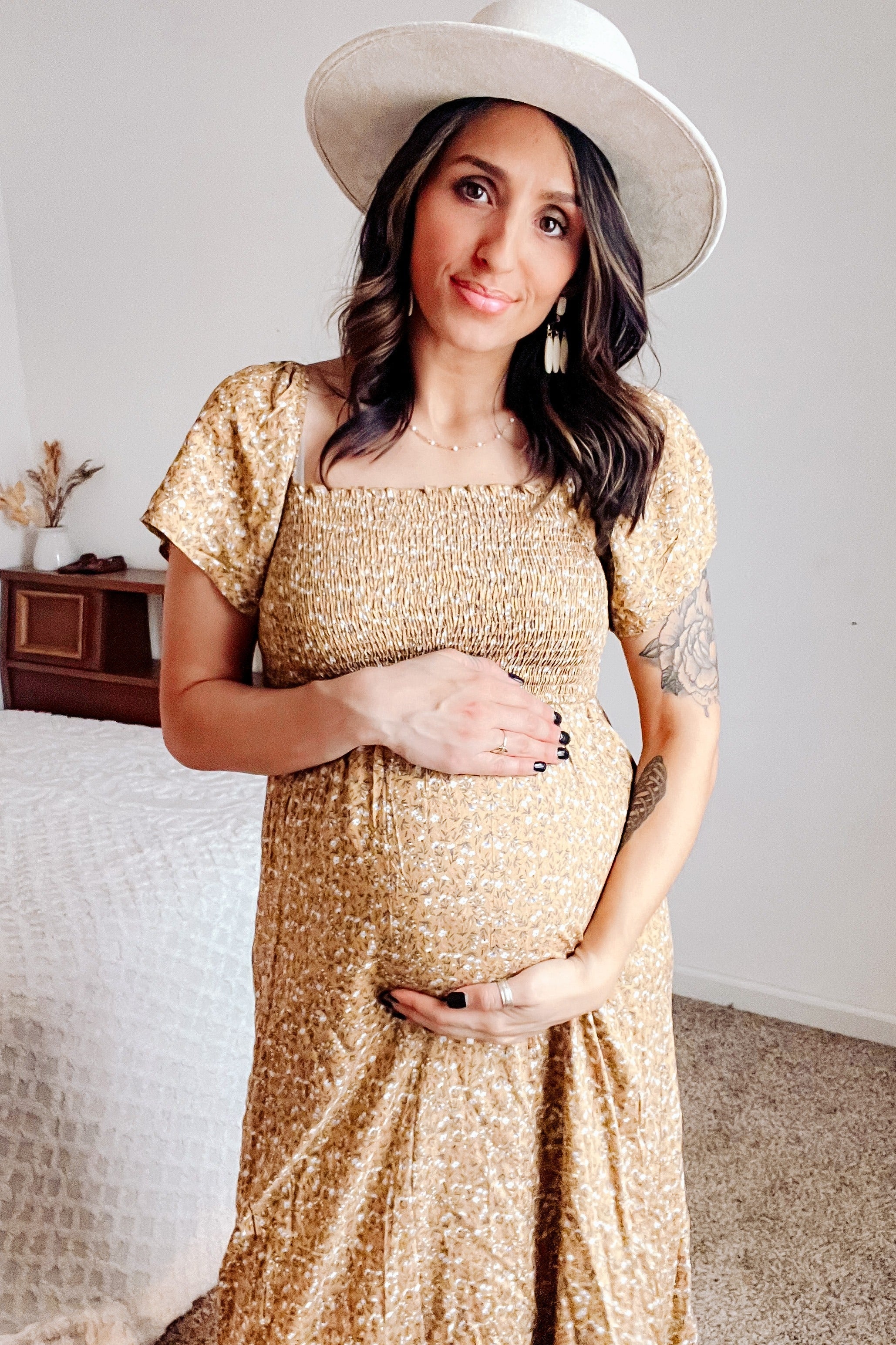 Mustard Floral Smocked Maternity Maxi Dress