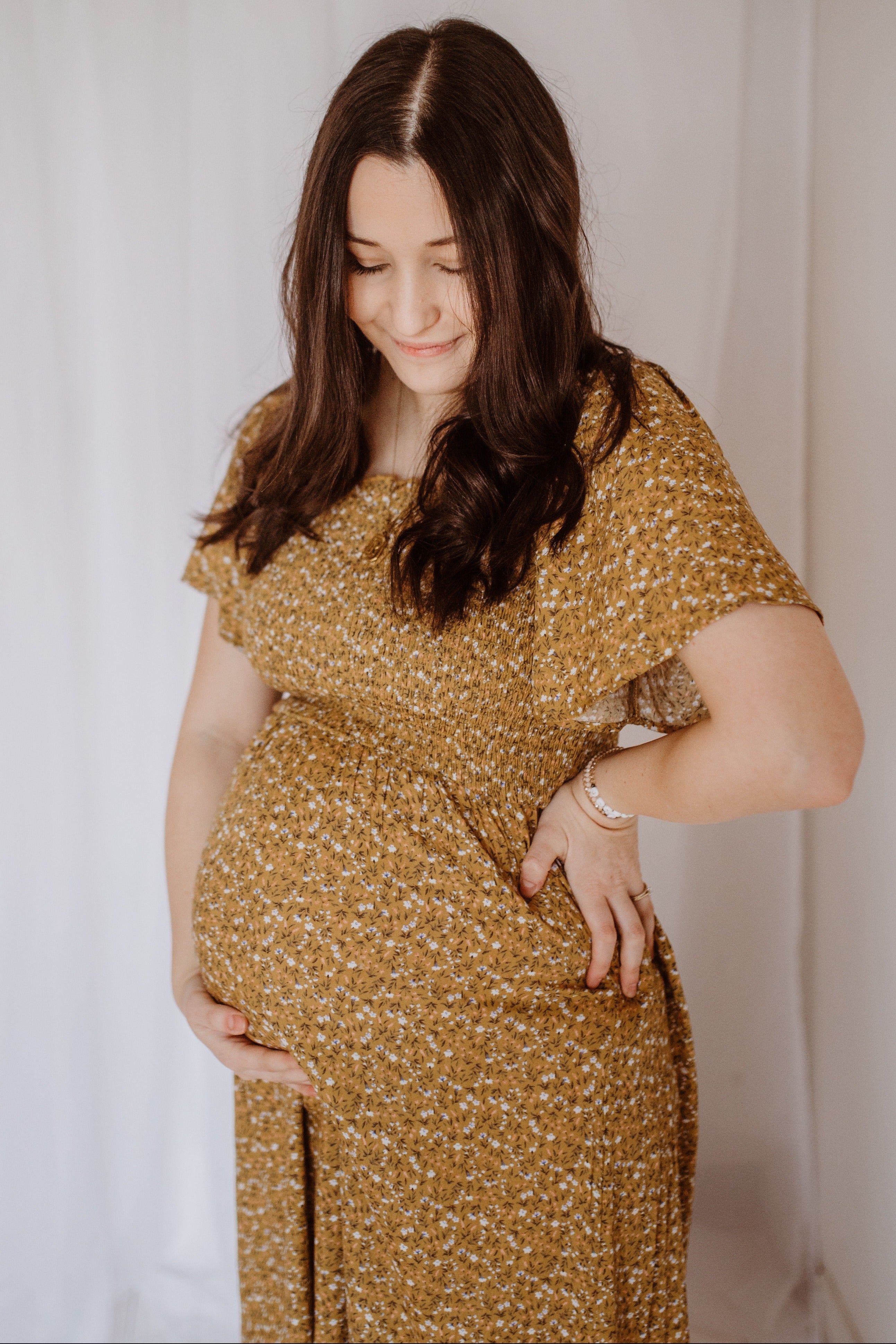 Mustard Floral Smocked Maternity Maxi Dress