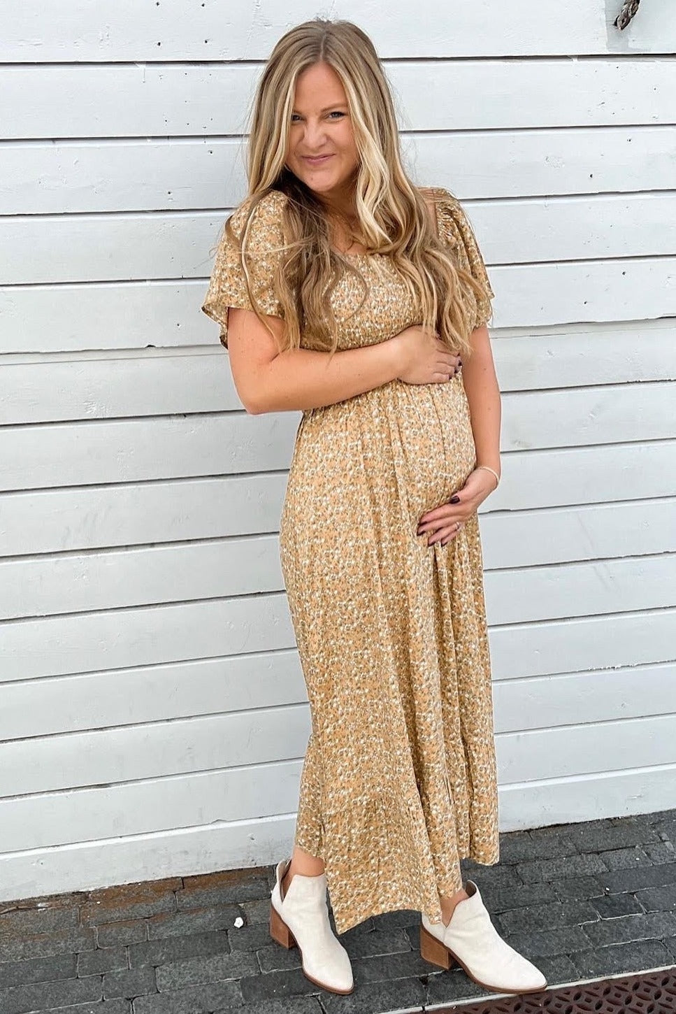 Mustard Floral Smocked Maternity Maxi Dress