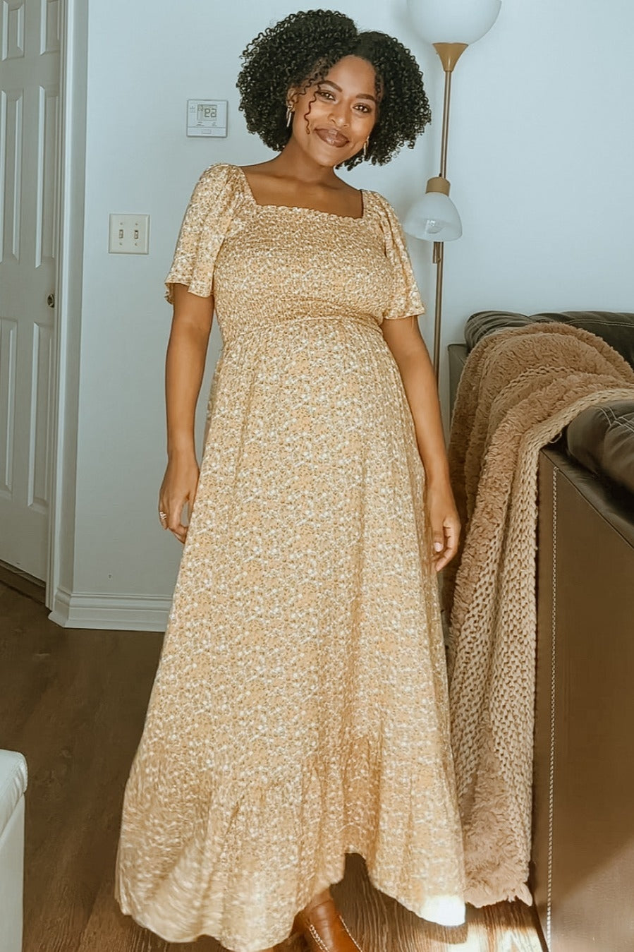 Mustard Floral Smocked Maternity Maxi Dress