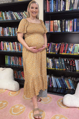 Mustard Floral Smocked Maternity Maxi Dress