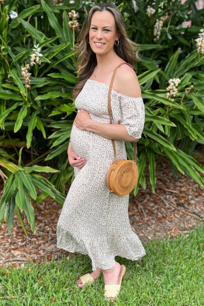 Ivory Floral Smocked Maternity Maxi Dress