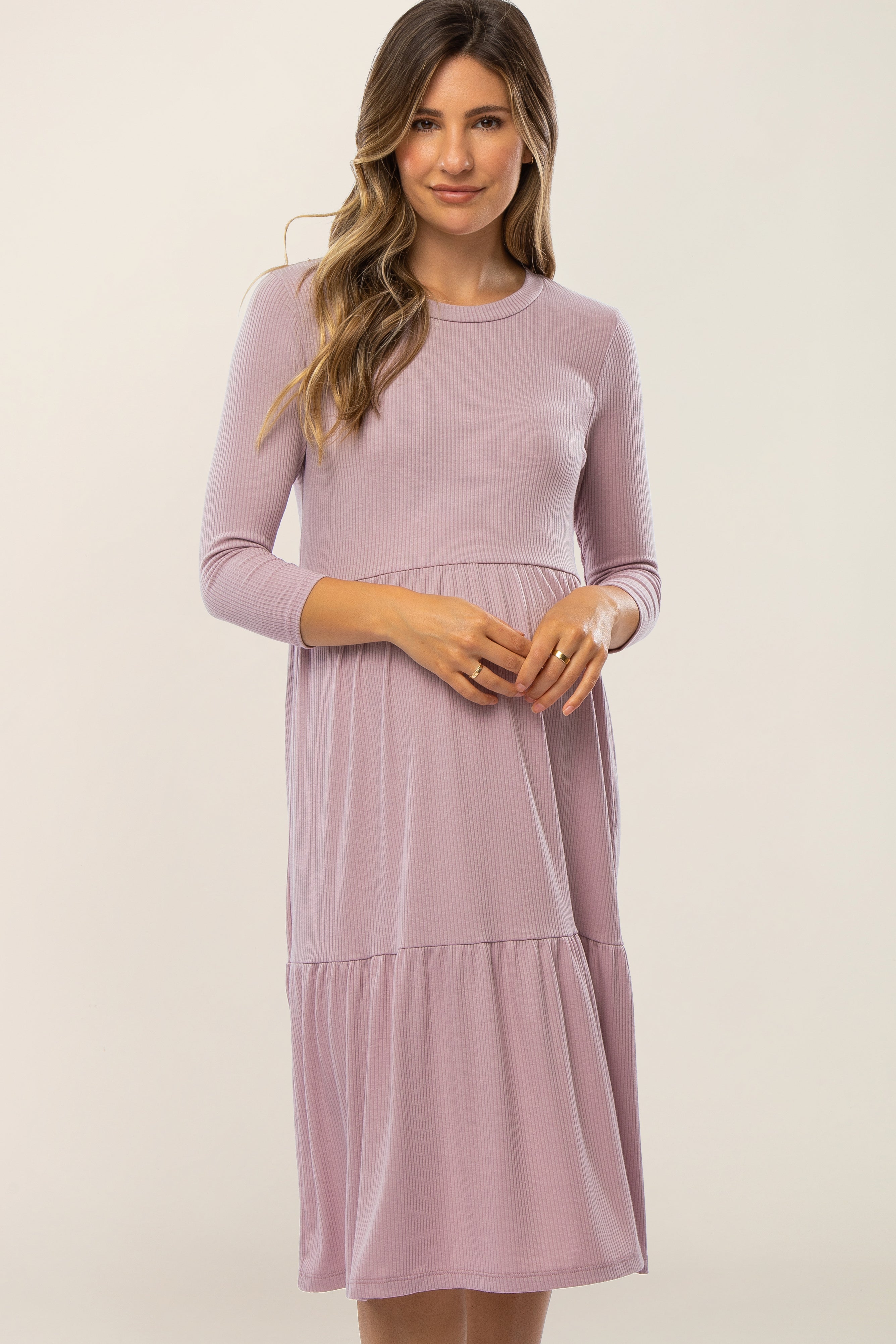 Lavender Tiered Ribbed 3/4 Sleeve Maternity Midi Dress
