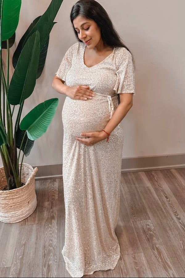 Cream Sequin Short Sleeve Maternity Maxi Dress
