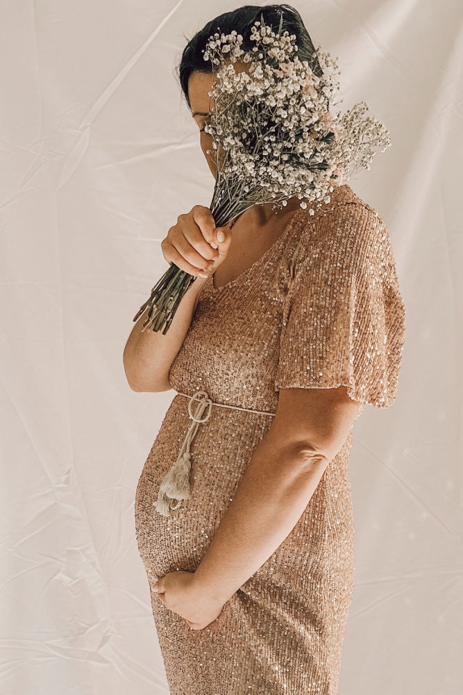 Pink Sequin Short Sleeve Maternity Maxi Dress