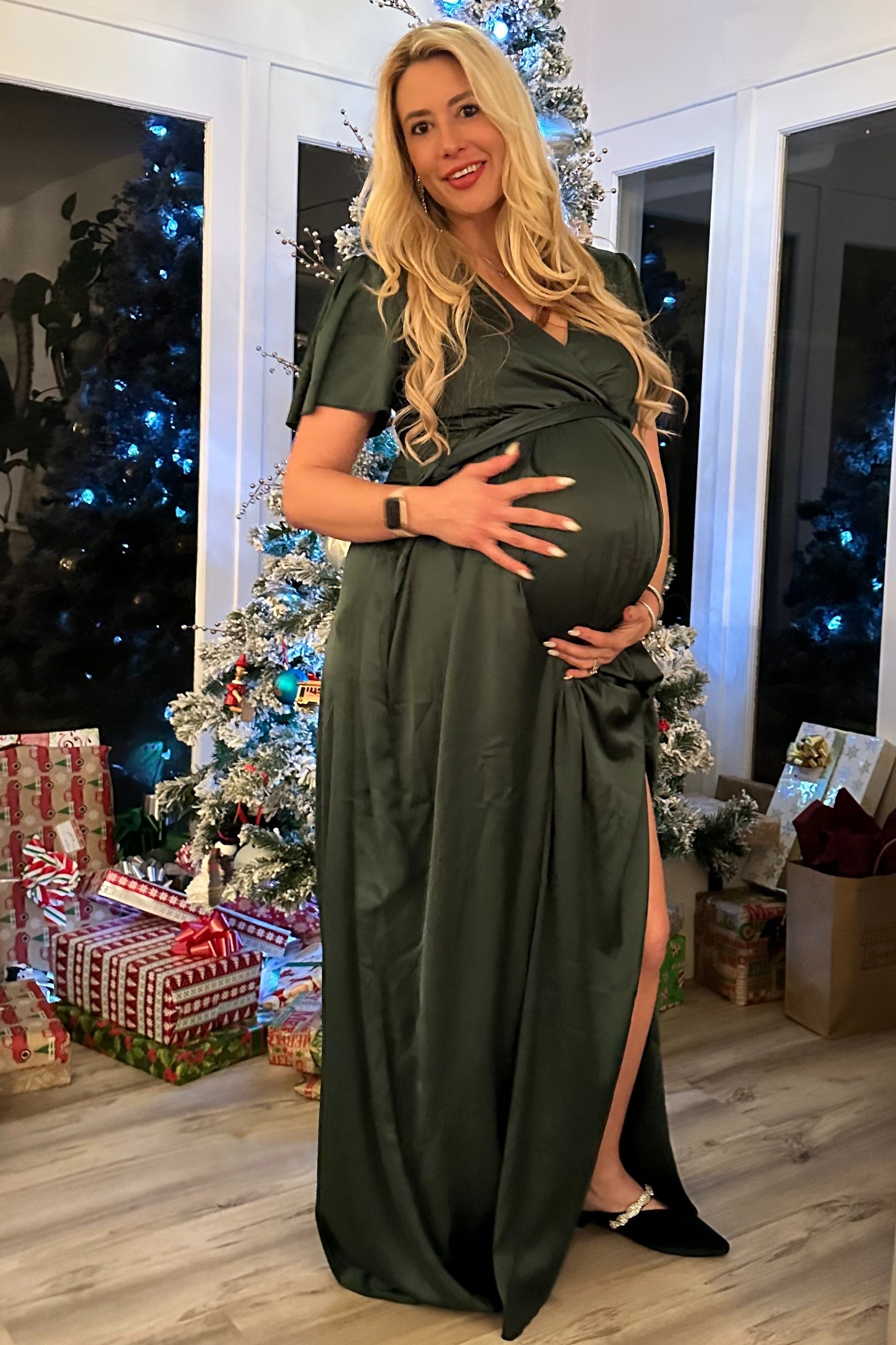 Green Side Slit Satin Maternity Maxi Dress